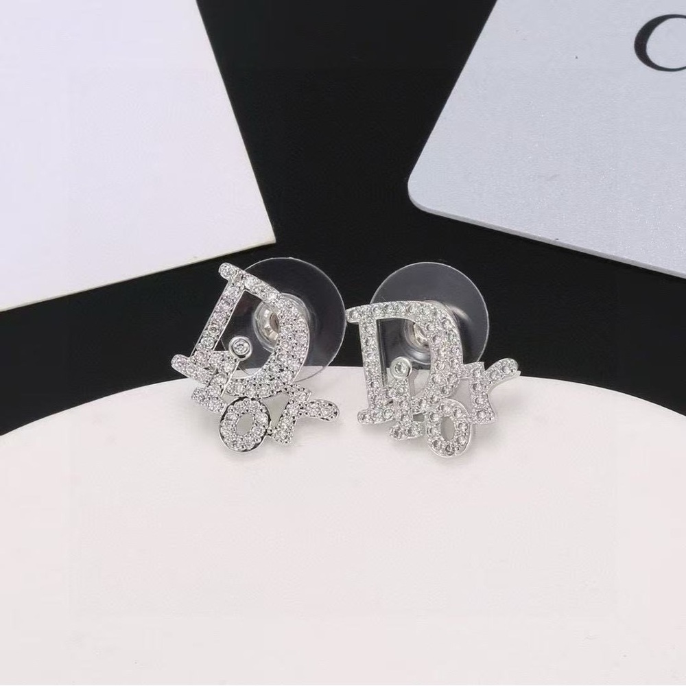 Dior Silver Crystal Logo Earrings